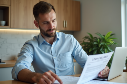 Jeune homme en chemise bleue examine documents de prêt immobilier