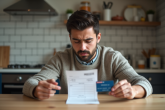Jeune homme examine un reçu de paiement avec une carte bancaire