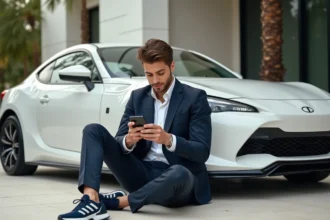 Jeune homme en costume élégant près d'une voiture sportive