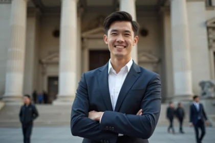 Jeune homme en costume dans un quartier financier