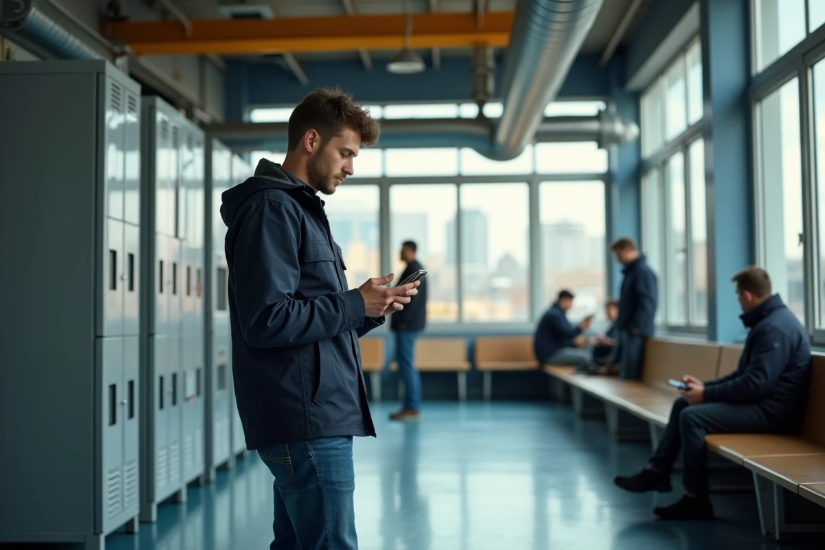 Jeune homme vérifiant son smartphone dans une salle de pause industrielle