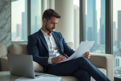 Jeune homme en costume dans un appartement moderne de Dubai