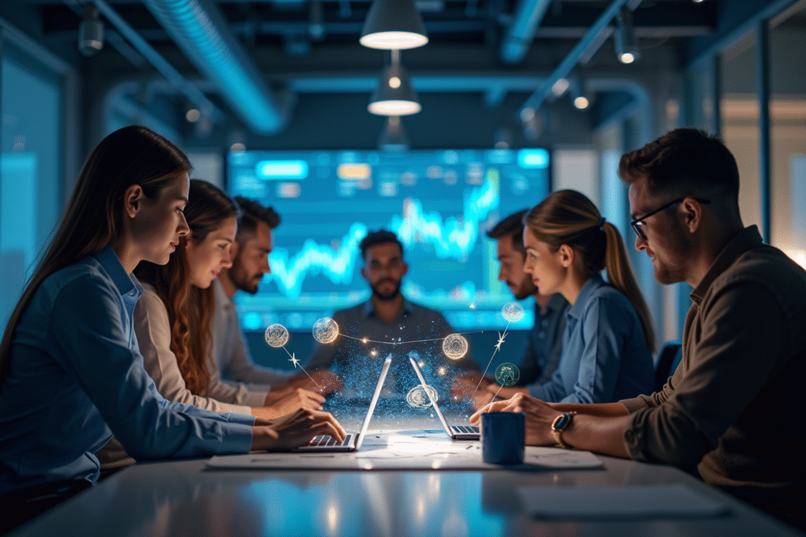 Jeunes entrepreneurs discutant dans un espace de coworking moderne avec graphiques blockchain