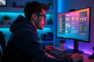 Joueur consultant l'historique d'achat Valorant sur son PC gaming avec des skins affichés à l'écran