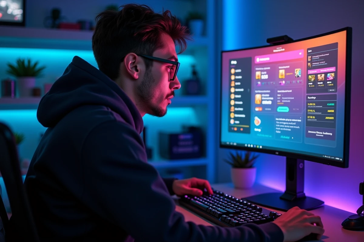 Joueur consultant l'historique d'achat Valorant sur son PC gaming avec des skins affichés à l'écran