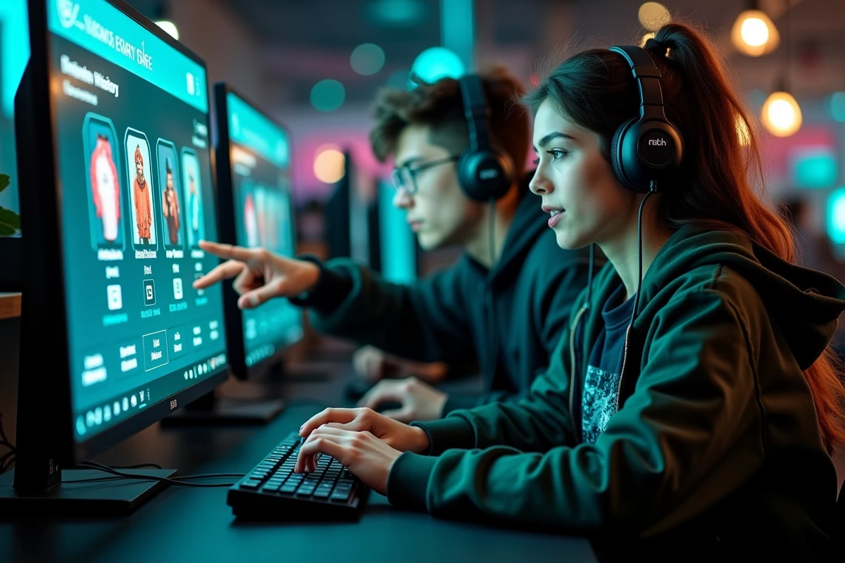 Deux joueurs dans un café gaming consultant ensemble l'historique de paiements Valorant