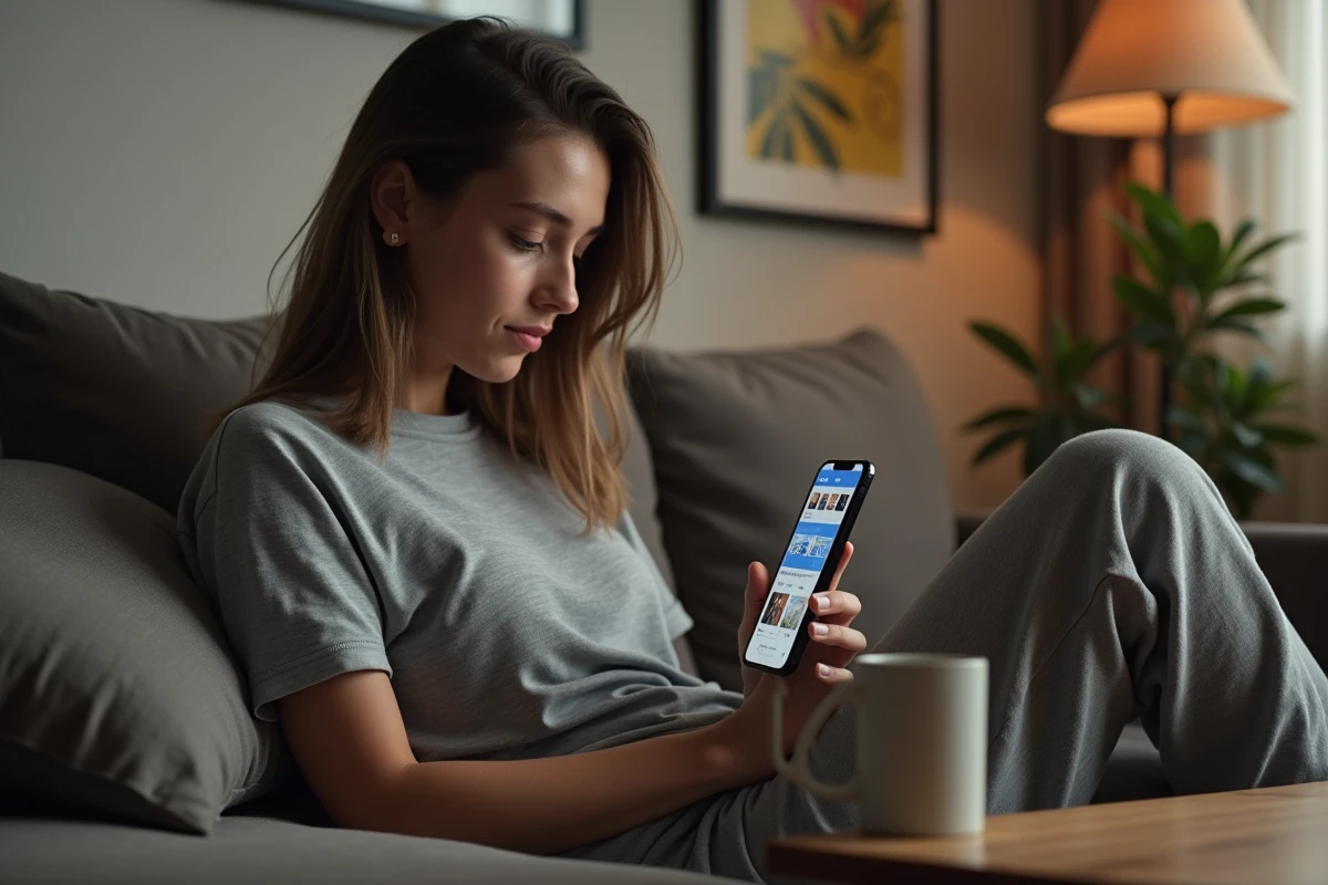 Joueuse vérifiant ses skins et paiements Valorant sur smartphone depuis son salon