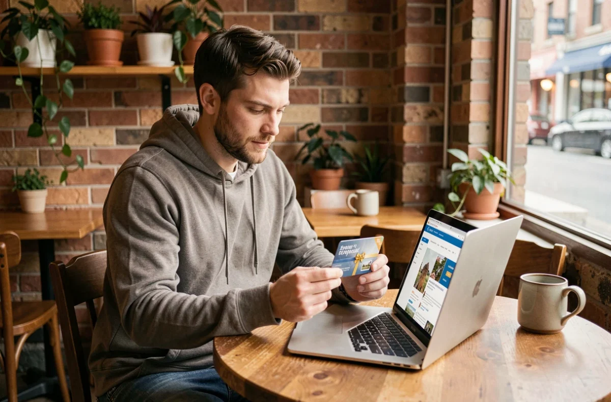 Homme réservant une activité de loisir avec une enseigne Kadéos Infini depuis un café urbain