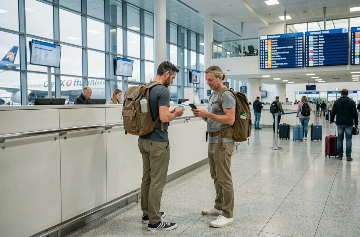 Couple utilisant une carte cadeau Kadéos Infini à l'aéroport pour financer un voyage