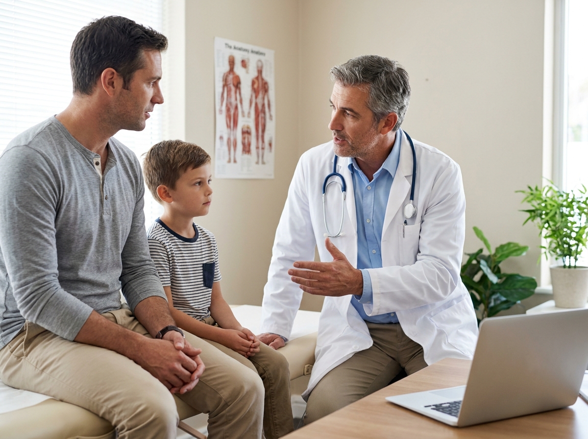 Médecin consultant un père et son fils dans un cabinet médical pour un suivi de santé familiale