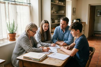 Famille multigénérationnelle autour d'une table examinant des documents de mutuelle familiale
