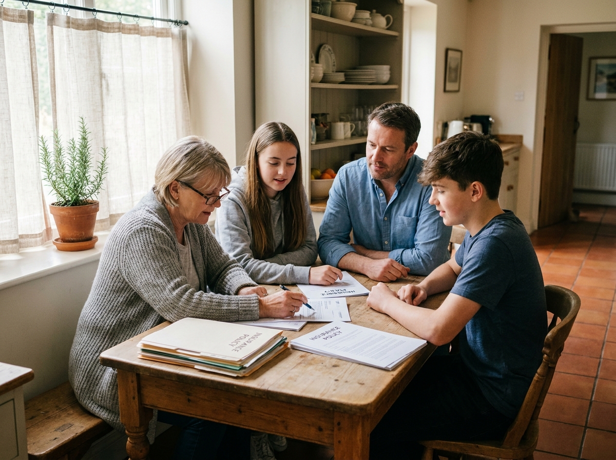 Famille multigénérationnelle autour d'une table examinant des documents de mutuelle familiale