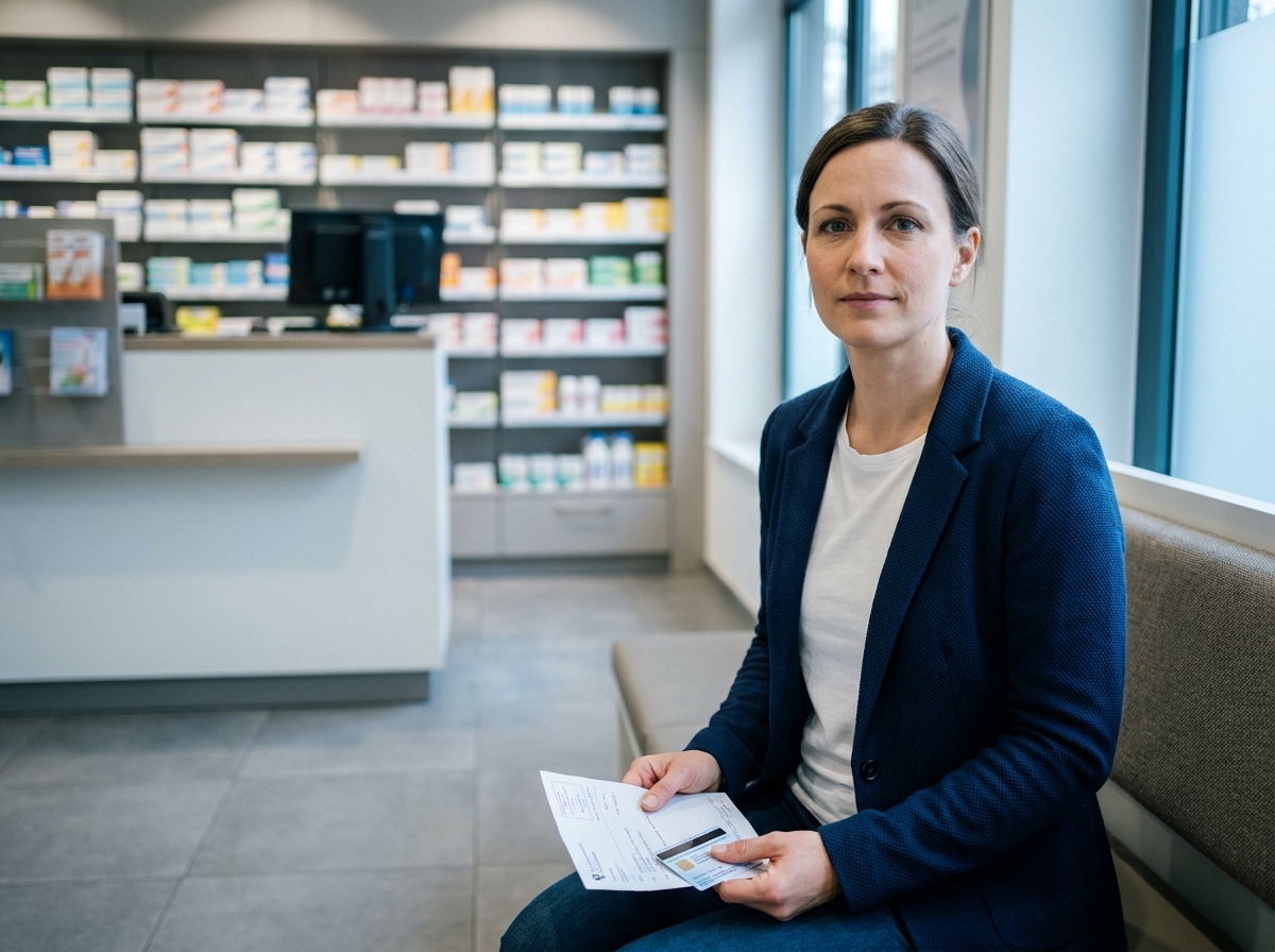 Femme consultant une ordonnance et sa carte mutuelle dans une pharmacie moderne