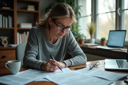Femme inquiète examinant des lettres de recouvrement Intrum à son bureau à domicile tout en calculant un plan de remboursement