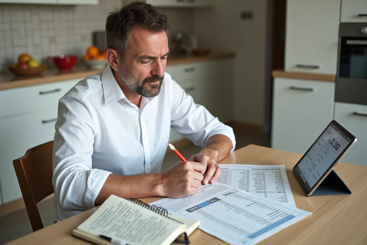 Homme comparant des outils gratuits pour suivre le taux du dinar algérien avec tablette et notes manuscrites