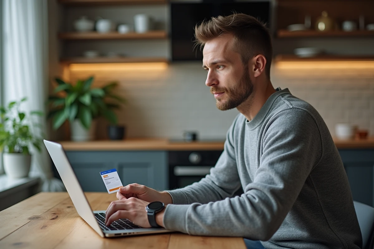Homme ouvrant un compte CIC en ligne depuis chez lui avec son ordinateur portable