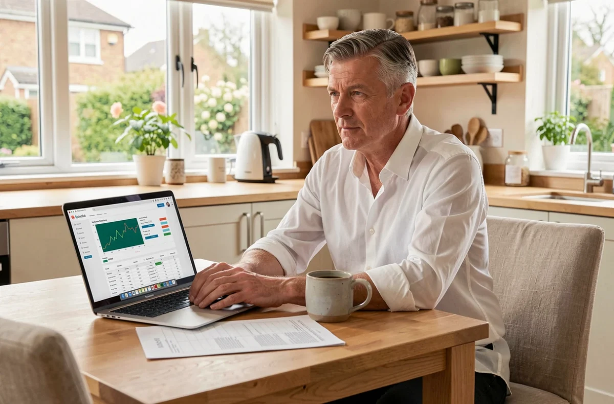 Homme particulier comparant des SCPI en ligne depuis son domicile avec un ordinateur portable
