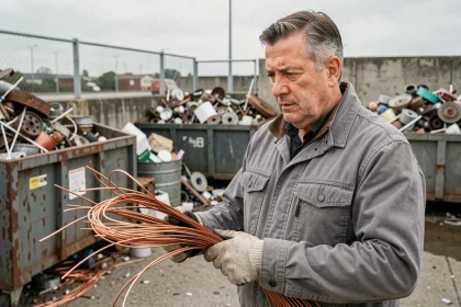 Un particulier tenant des câbles en cuivre dénudés dans un centre de recyclage de métaux, illustrant la vente de cuivre au kilo en 2026