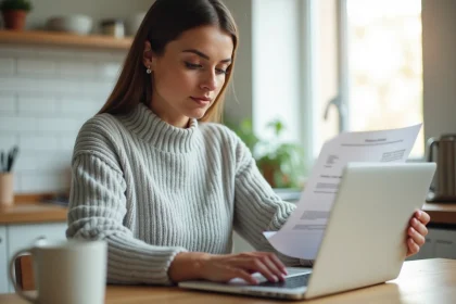 Femme consultant une facture Free papier tout en utilisant un ordinateur portable pour effectuer un paiement en ligne