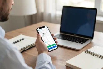 Personne consultant l'application de sa banque en ligne sur smartphone