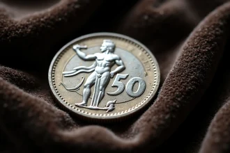 Pièce de 50 francs Hercule 1977 en argent sur velours sombre, détail des gravures et patine argentée