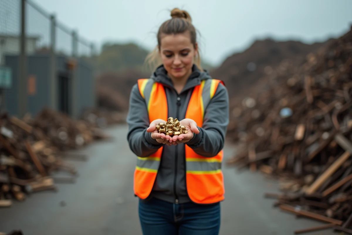 Femme tenant des pièces en laiton dans un centre de recyclage pour évaluer leur prix au kilo
