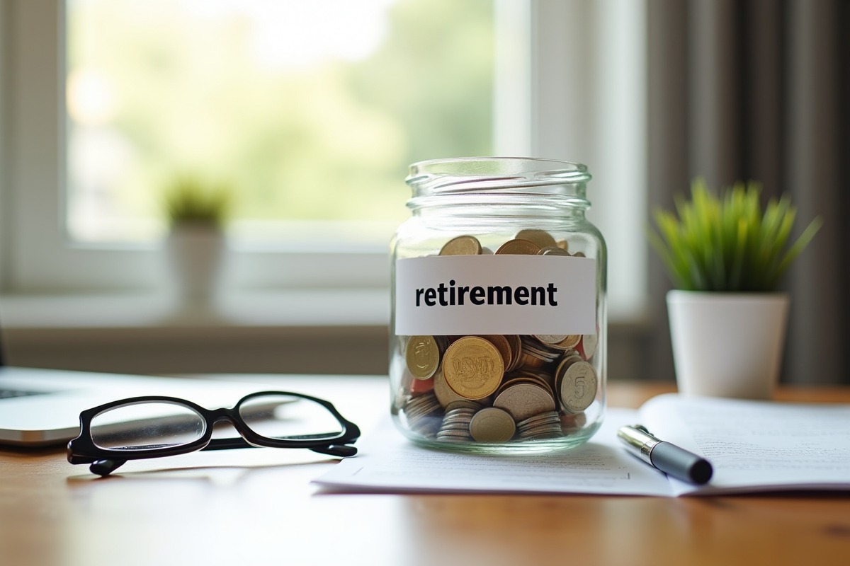 Pot de retraite rempli de pièces et billets d euro sur un bureau en bois