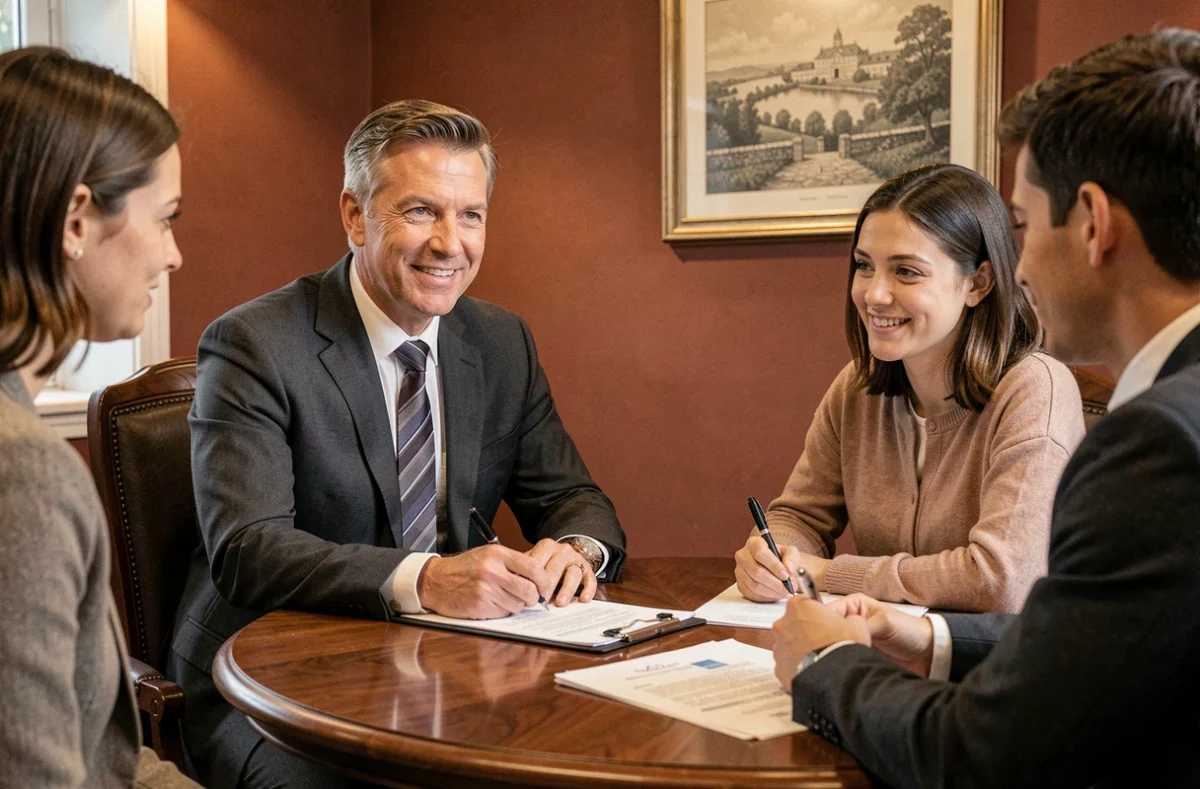 Courtier Prelys Courtage accompagnant un couple dans la signature de leur dossier de prêt immobilier en Bourgogne