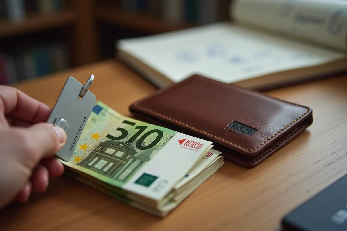 Portefeuille en cuir, billets en euros et carte bancaire posés sur un bureau en bois pour préparer un gros retrait d'espèces