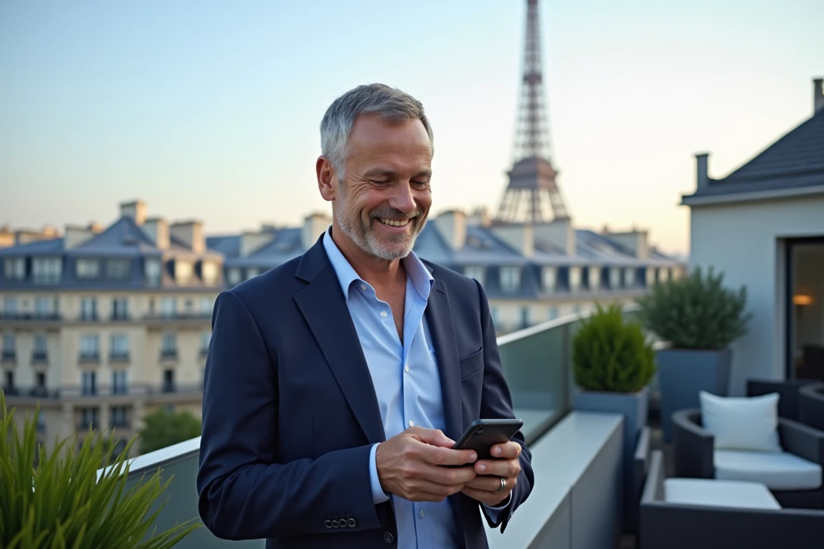 Présentateur télé sur un rooftop parisien avec Eiffel en arrière-plan