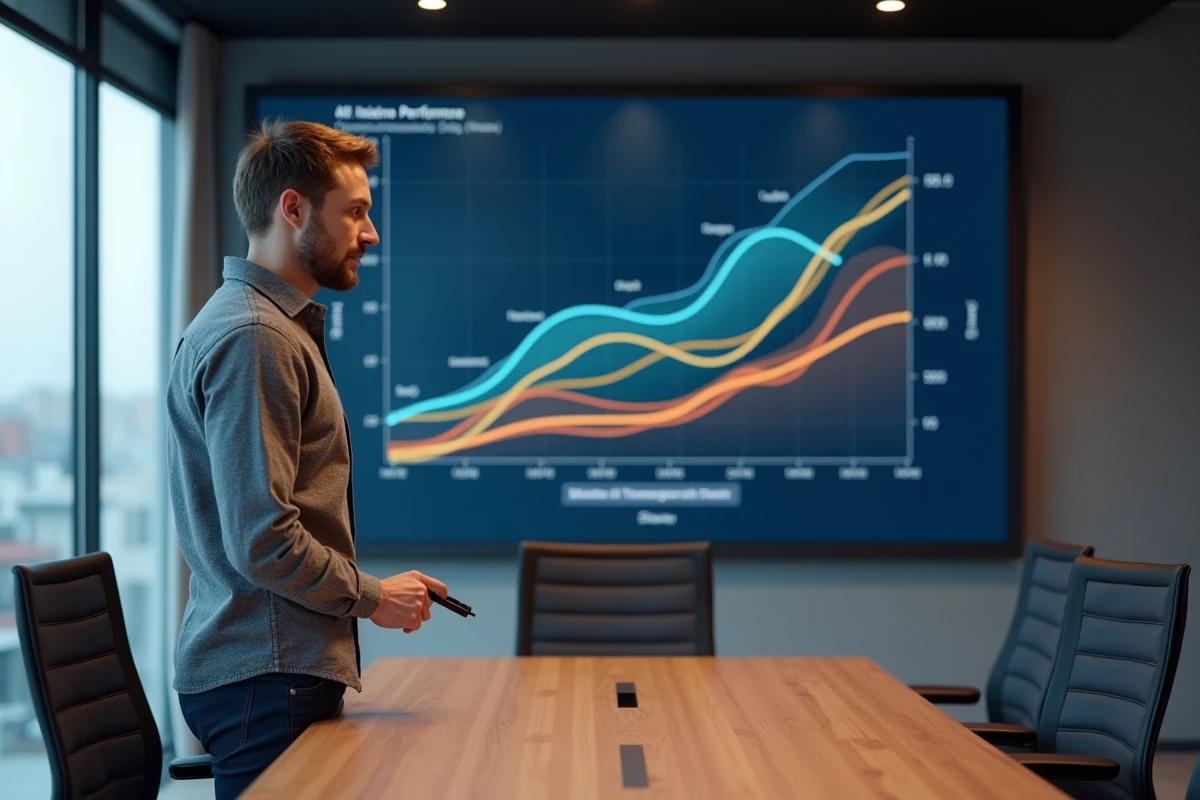 Homme présentant des graphiques de comparaison d'IA sur un écran en salle de conférence