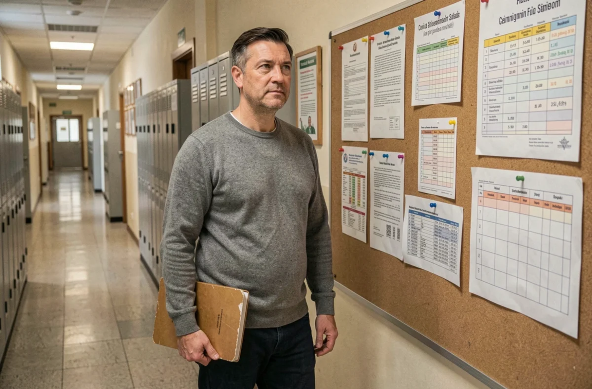 Professeur de lycée examinant une grille salariale affichée dans le couloir d'un établissement scolaire