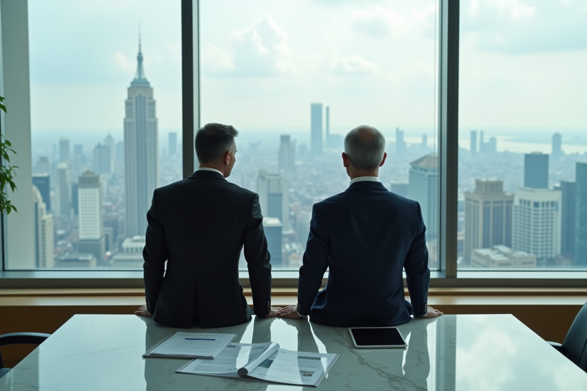Homme et femme d'affaires regardant la ville depuis un bureau moderne