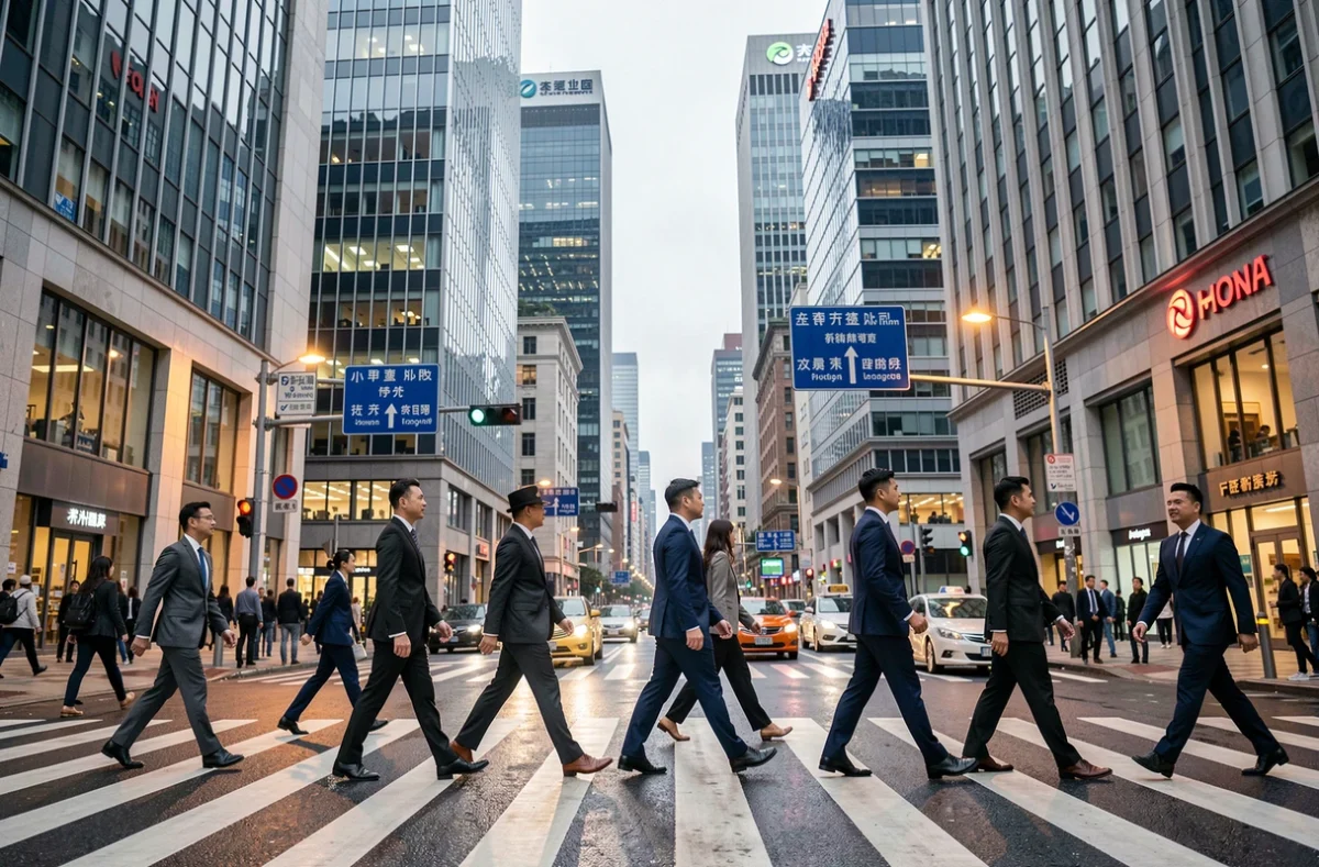 Quartier financier asiatique animé avec des professionnels en costume traversant une rue emblématique symbole de puissance économique mondiale