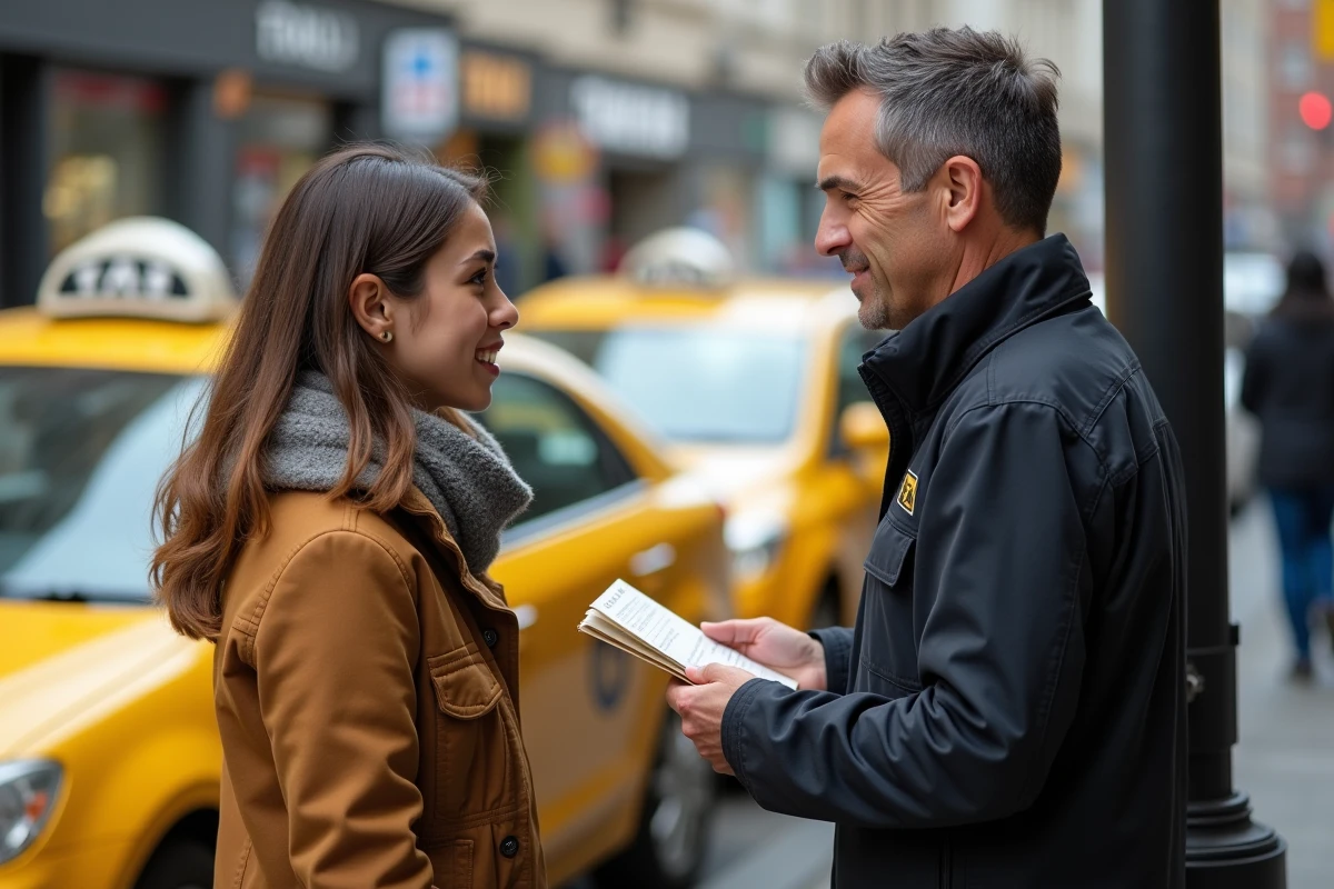 Femme et chauffeur de taxi discutant en rue urbaine