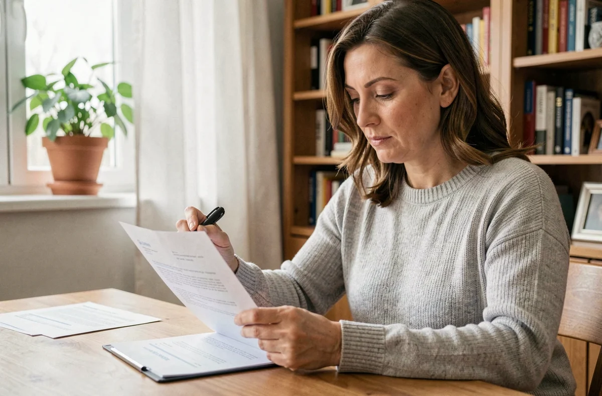 Femme lisant et annotant un document de résiliation d'assurance à son bureau à domicile