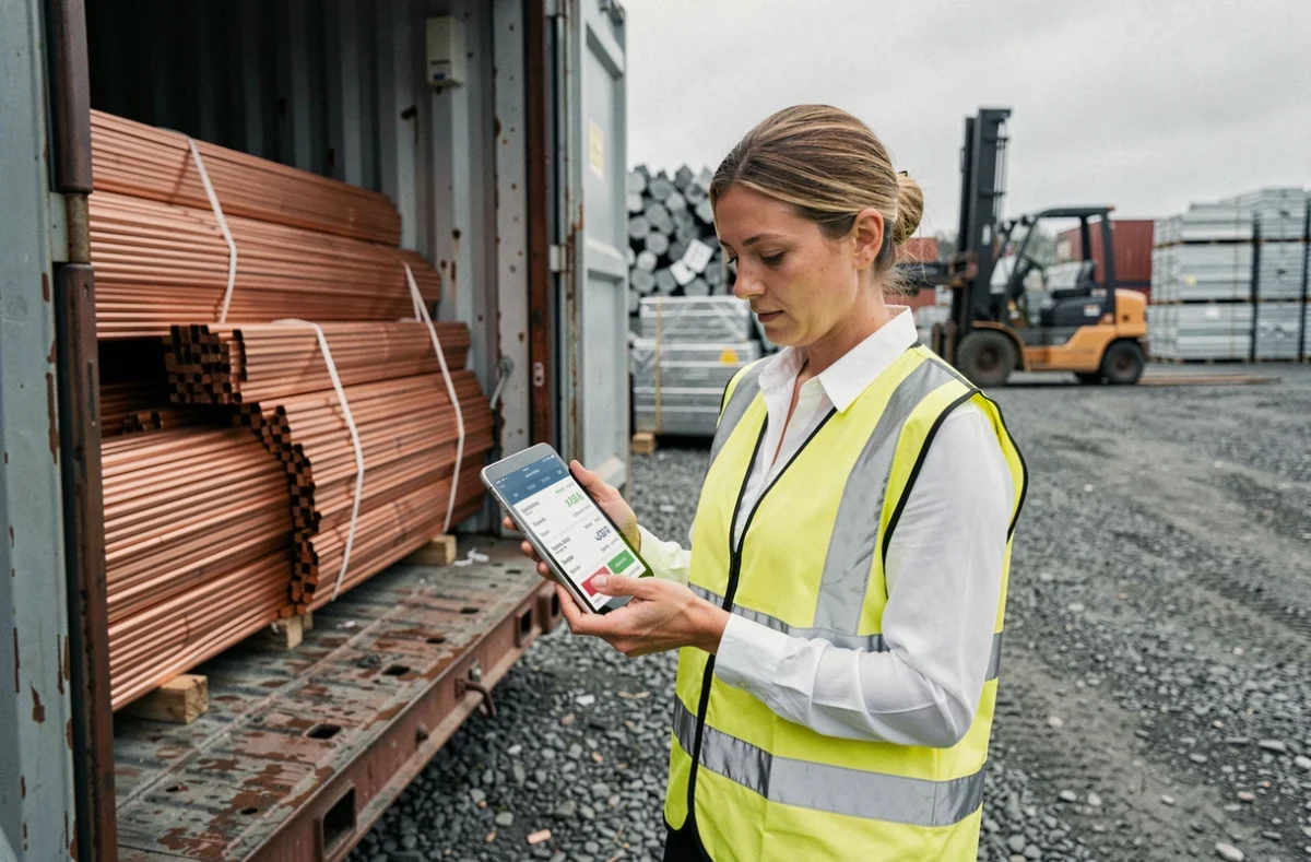 Responsable logistique consultant le prix du cuivre à la tonne dans un centre de négoce métallique