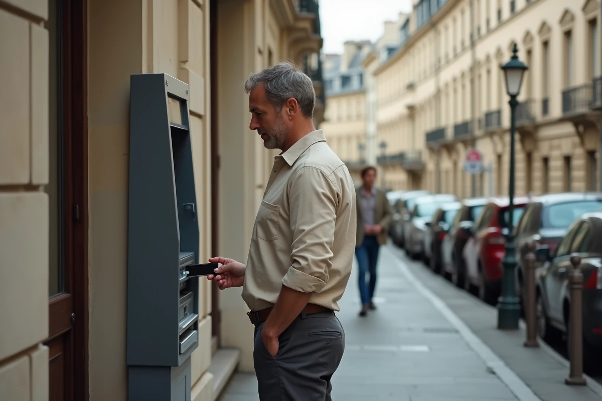 Homme effectuant un retrait d'espèces à un distributeur automatique en extérieur dans une rue française