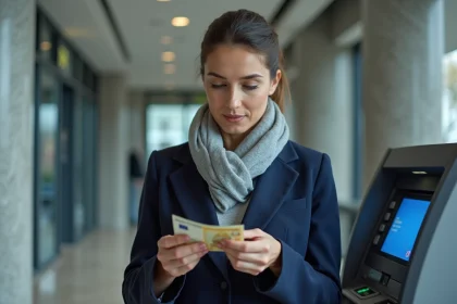 Femme comptant des billets en euros retirés à un distributeur automatique de la Banque Postale dans un hall bancaire moderne