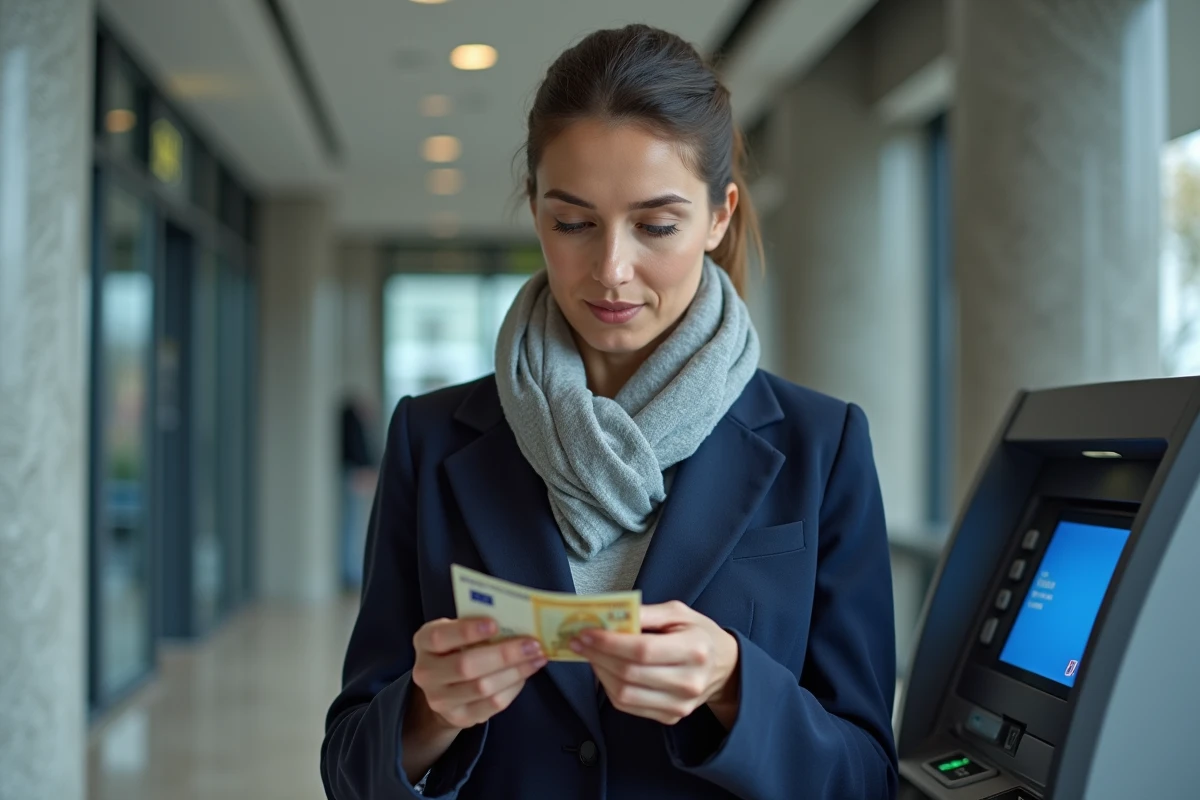 Femme comptant des billets en euros retirés à un distributeur automatique de la Banque Postale dans un hall bancaire moderne
