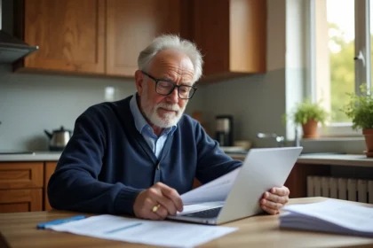 Homme retraité en cardigan lisant une déclaration de pension