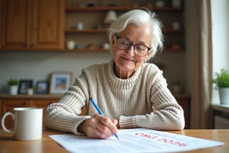 Femme retraitée lisant des papiers CSG 2026 à la maison