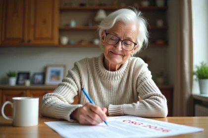 Femme retraitée lisant des papiers CSG 2026 à la maison