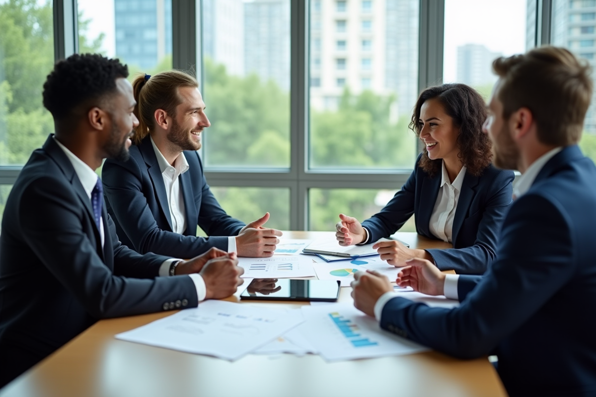Groupe de professionnels discutant autour d
