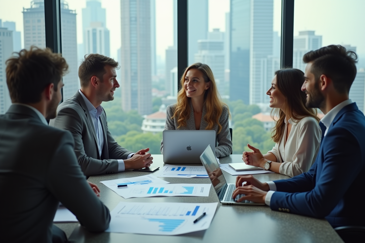 Groupe de jeunes professionnels discutant autour d