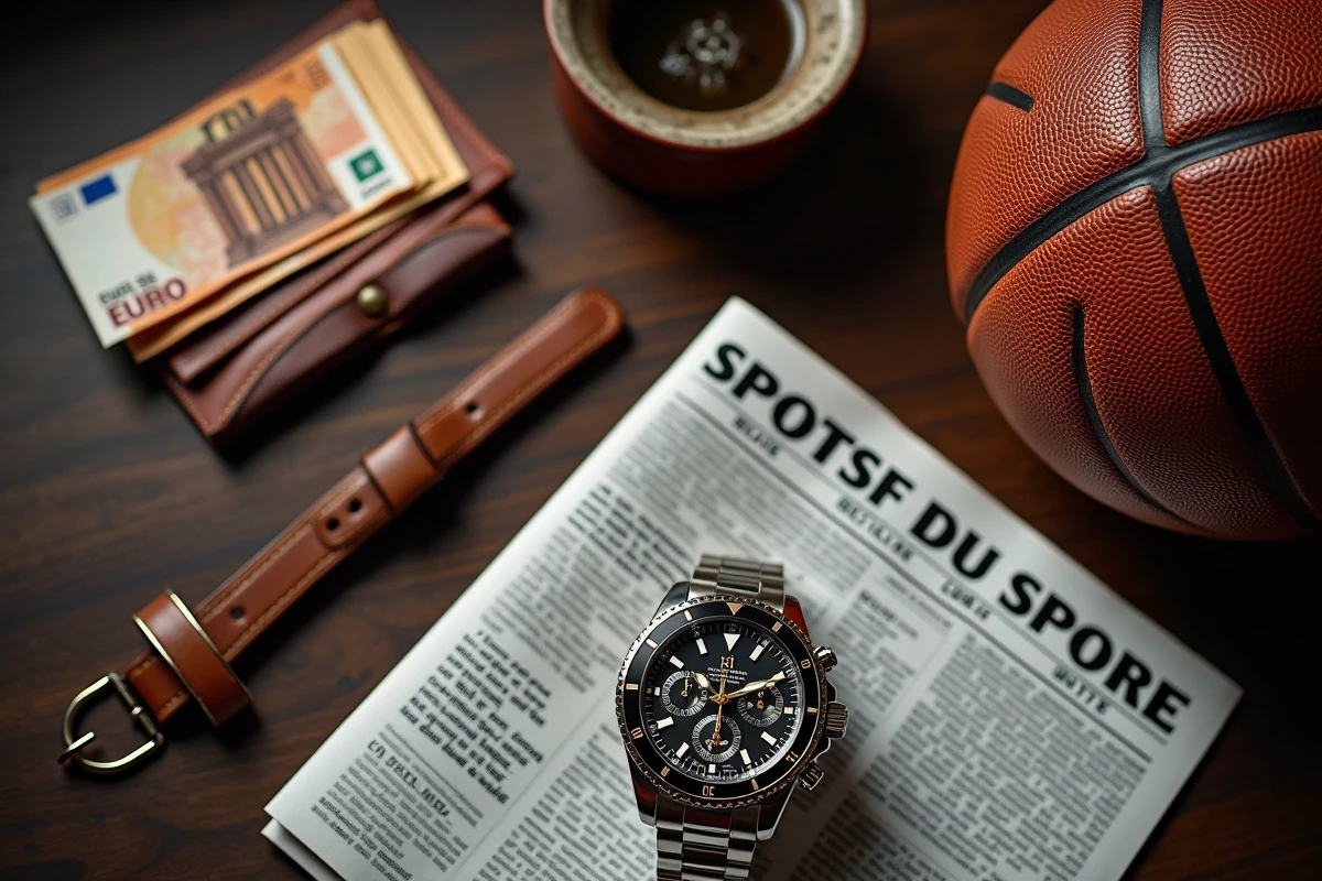 Vue en plongée d'une mise en scène symbolisant la richesse sportive avec ballon de basket, montre de luxe et billets d'euros