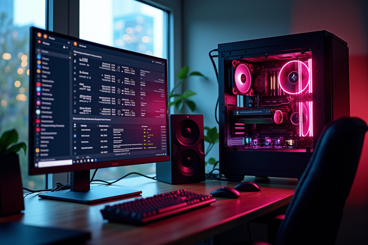 Rig de minage GPU haut de gamme dans un bureau moderne avec écrans Ethereum