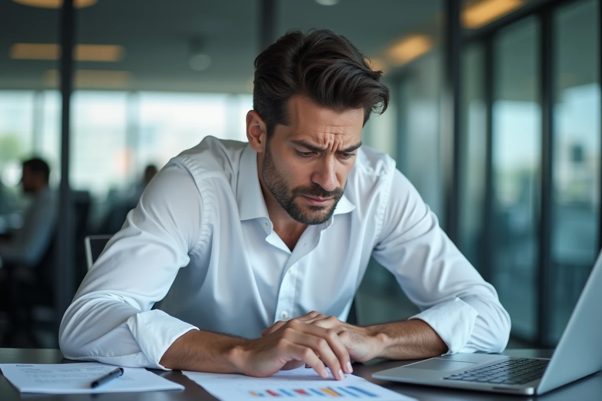 Homme d'affaires analysant des documents financiers liés à une société offshore avec une expression préoccupée