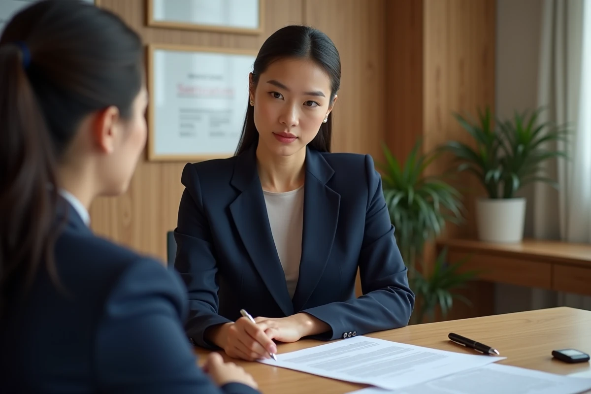 Femme professionnelle hésitant à signer un contrat de société offshore dans un bureau juridique
