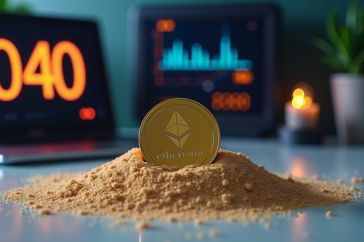 Sablier rempli de pièces Ethereum sur un bureau lumineux